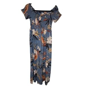 Patrons of Peace Blue Floral Lightweight Maxi Dress boat neck ruched bust Sz S